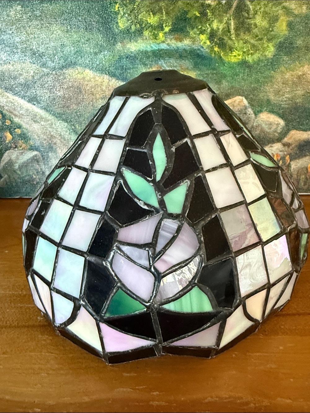 Tiffany-Style Stained Glass Lamp Shade with Floral Motif - Black & Pastel